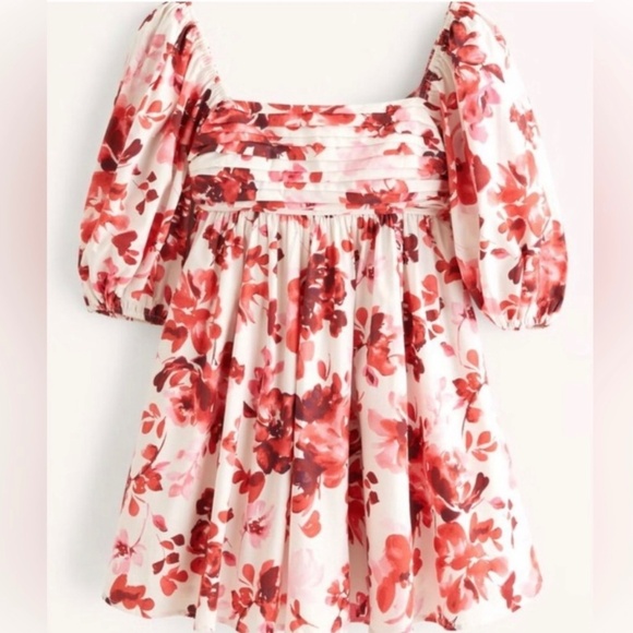 ABERCROMBIE & FITCH A&F EMERSON RUCHED PUFF SLEEVE Red White Floral DRESS Medium - Picture 2 of 6